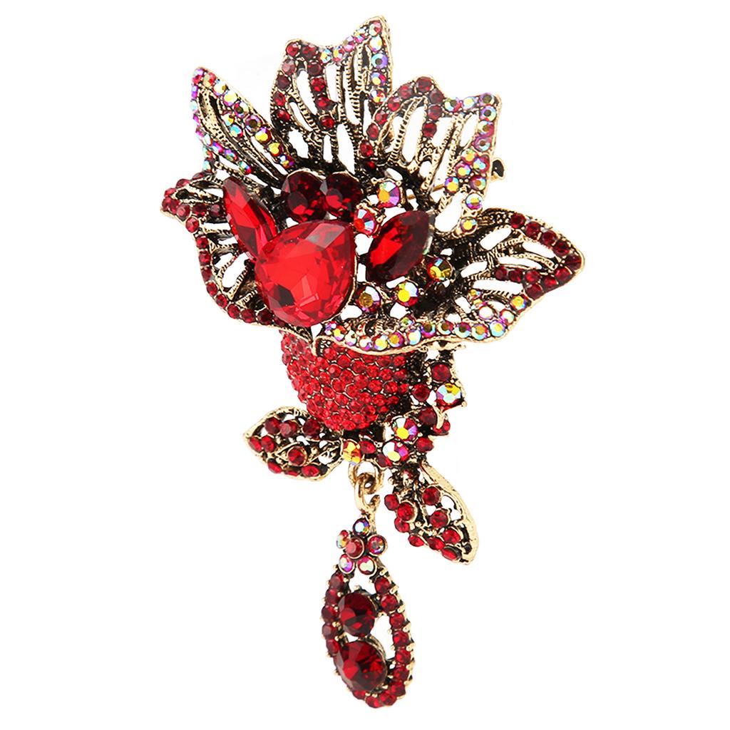 Flower Brooch Pin Women Retro Elegant Exquisite Alloy Red Rhinestone Brooch for Wedding Banquet Party