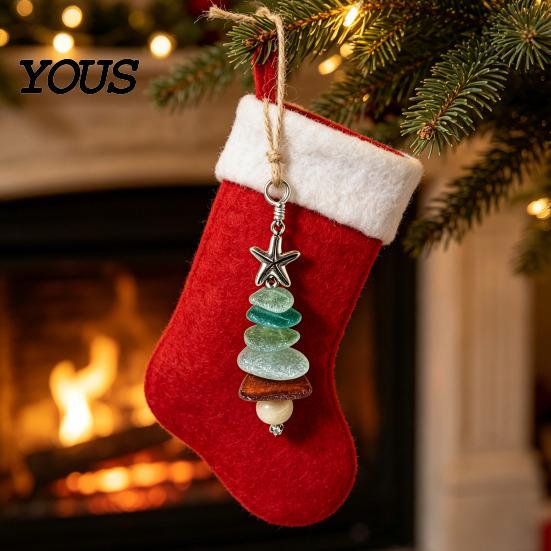 Beach Lover Gift for Family Sea Glass Tree Ornament, Handmade Starfish Hanging Modern Coastal Home Decor Decoration, Style Pendant Christmas Tree, Bag