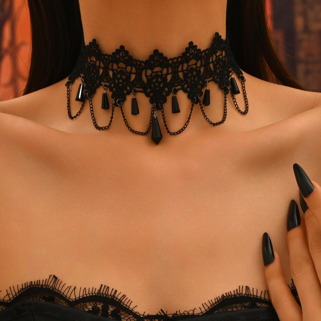 Vintage style dark red rose long fringed necklace goth black lace collarbone chain collar