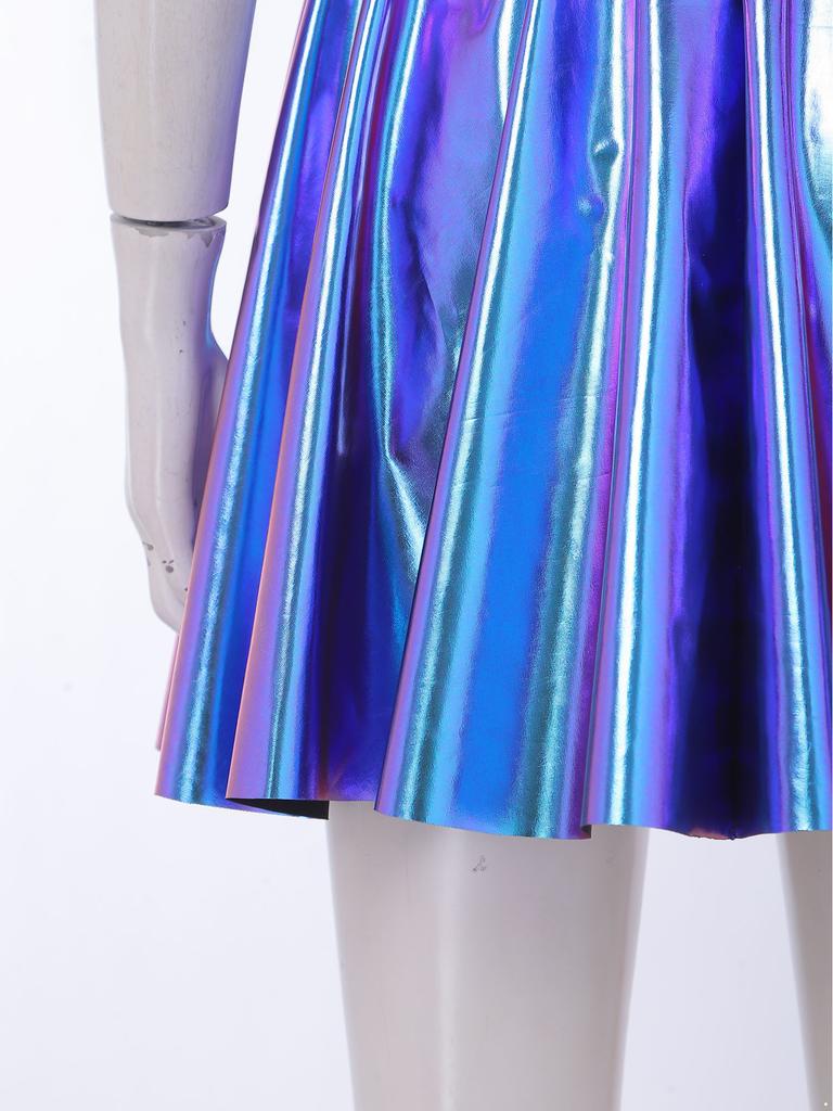 Women Halloween Cosplay Dress 80s Disco Metallic Mock Neck One Shoulder Long Sleeve Back Zip Asymmetrical Gown for Party