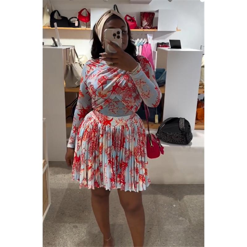 Women's 2026 Summer New Dress Design Slim-Fit Printed Long-Sleeve Top Pleated Skirt Set