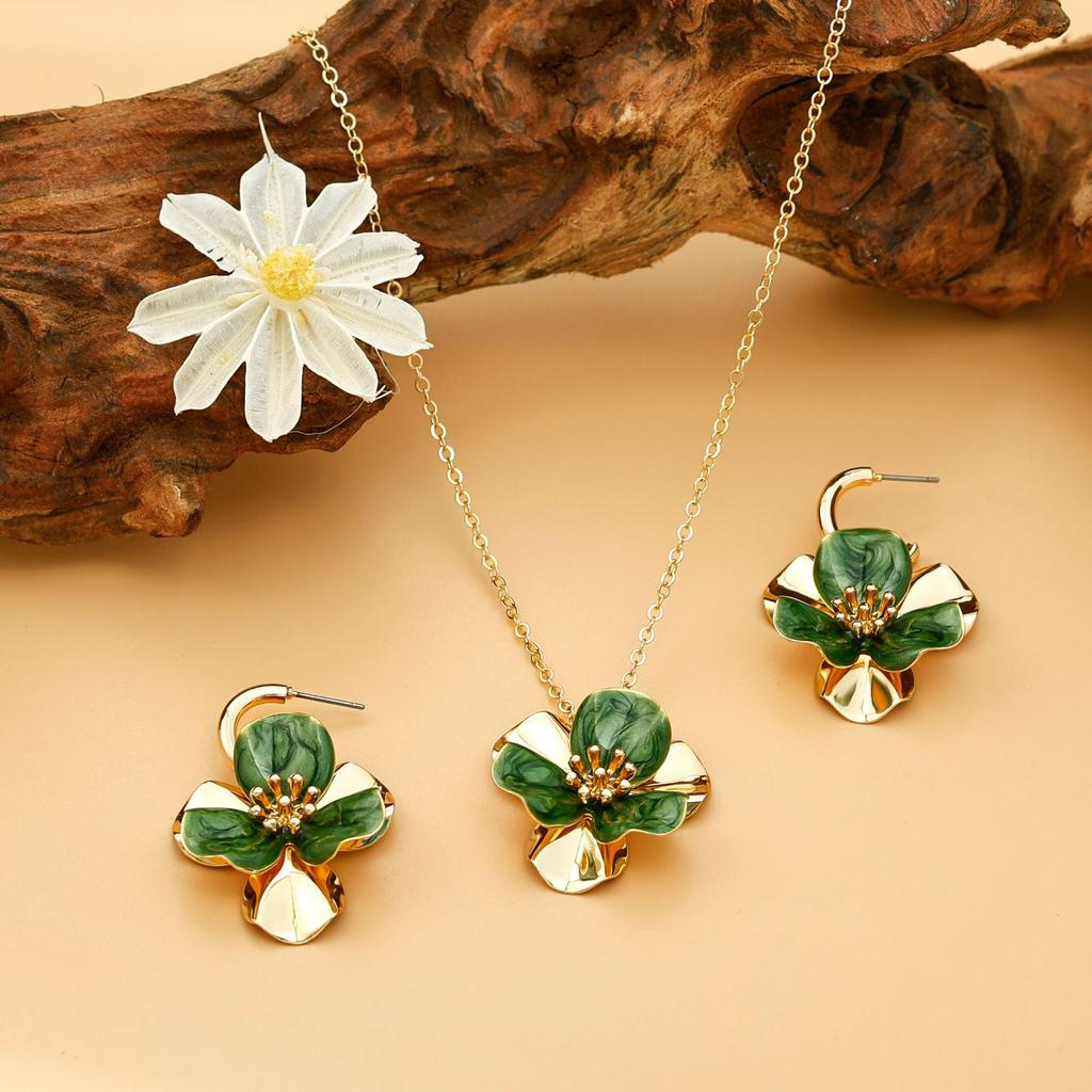 Natural temperament colorful oil dripping flower necklace fashion sweet metal style flower earrings jewelry set women