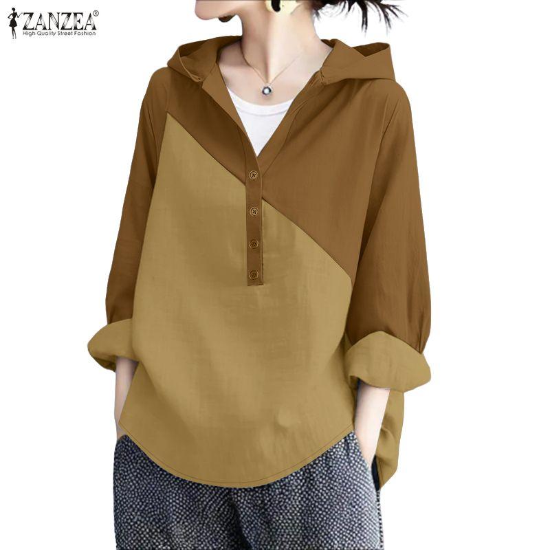 ZANZEA Damen Lässig V-Ausschnitt Locker Langarm Patchwork Kapuzenpullover Bluse