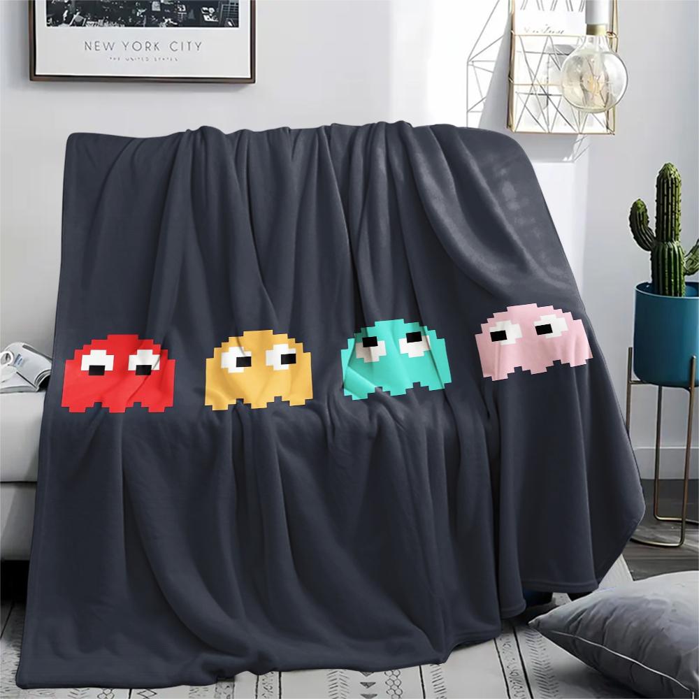 1PC Pac Man Print Flannel Blanket, High Quality Comfortable for All Seasons, Home Decor, Warmth and Comfort, Perfect for Christmas Gifts