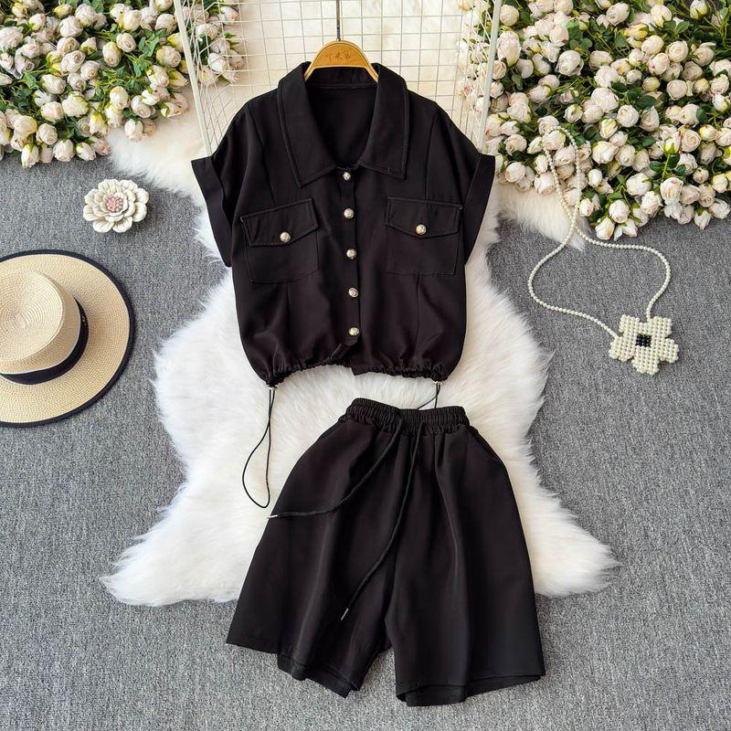 

2025 Summer New Drawstring Waist Hugging Polo Collar Top Elastic High Waist Slimming Wide Leg Shorts Casual Two-piece Set Black All yards