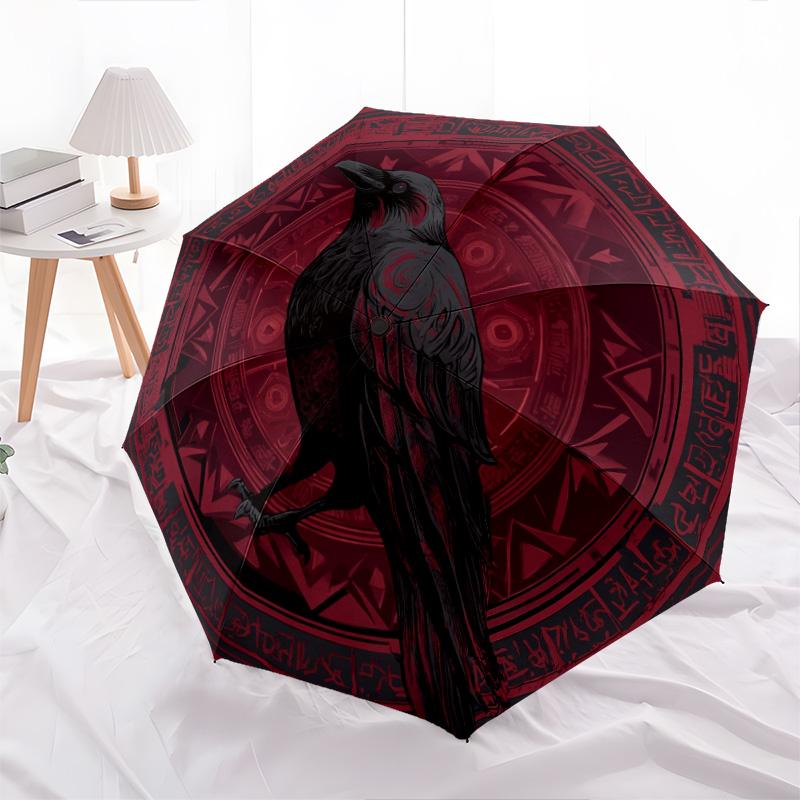Rune Raven pattern, automatic folding umbrella, portable and foldable design, 8 ribs, a Christmas or birthday gift.