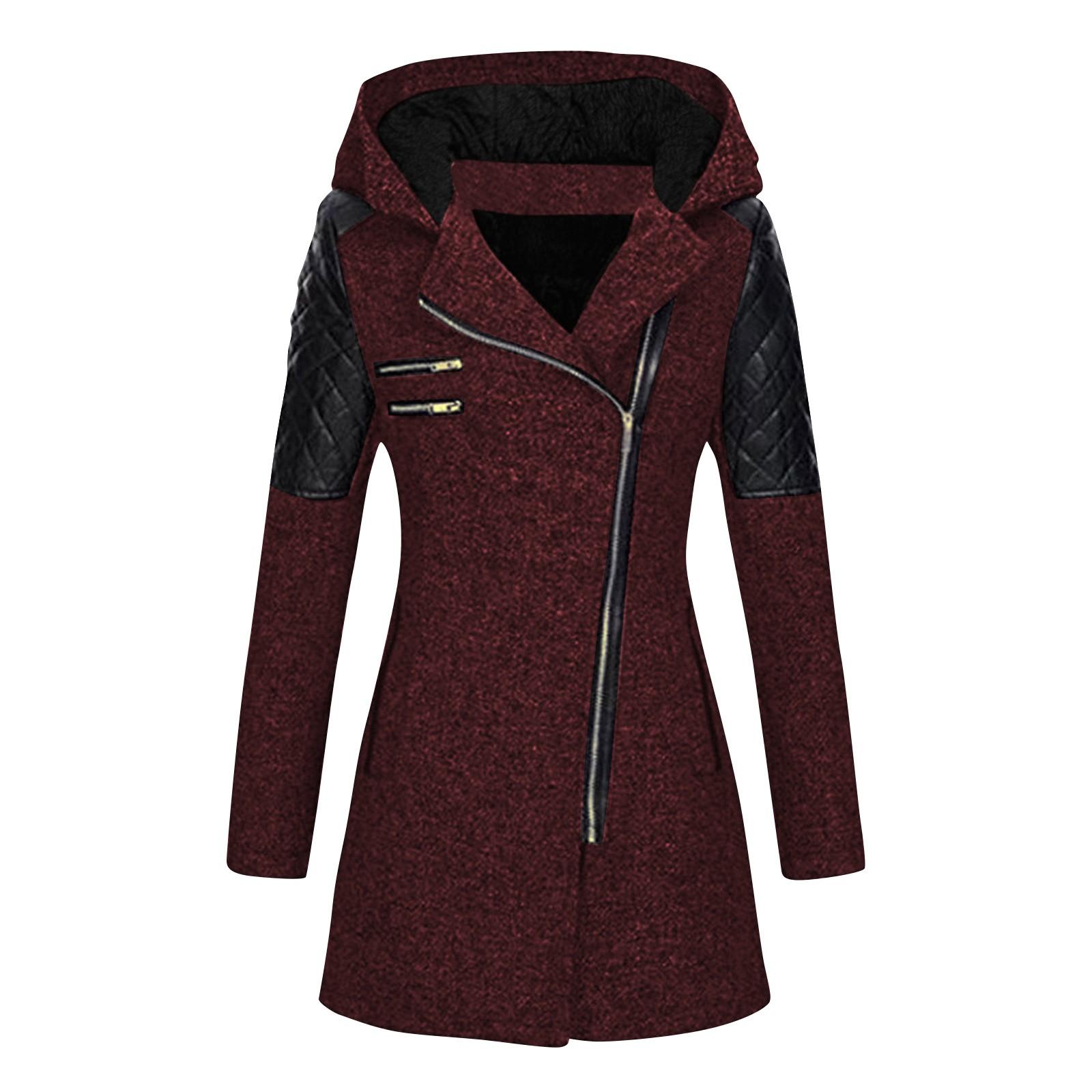 

Женская мода сплошной цвет карман с длинным рукавом на молнии теплое пальто пальто XXL винный
