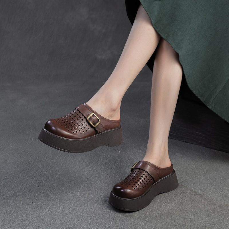 Johnature Sandales pour femmes, semelles épaisses, bout rond, ajourées, respirantes, en cuir véritable