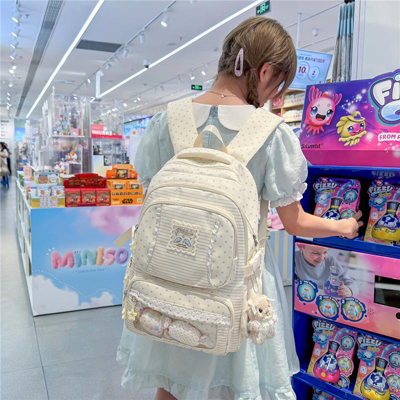 Mochila con Adorno de Encaje Rayas Estrelladas con Ventana Frontal Transparente y Múltiples Bolsillos Gran Capacidad Mochila Escolar Diaria para Adolescentes Estudiantes Viajes Diarios