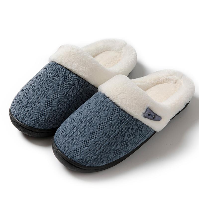 Fashion Knitted Mesh Cotton Slippers for Women Winter Round Toe Flat Heel Fur Slides Woman Faux Fur Warm House Cotton Slippers Mujer