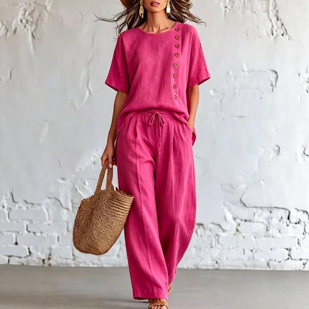 Women's Fashion Round Neck Short Sleeved Top With Elastic Waist, Casual Loose Wide Leg Pants Two-piece Set