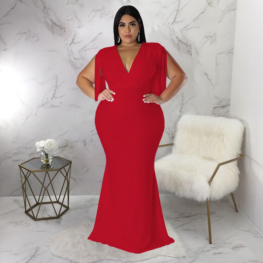 Plus Size Women's V-Neck Tassel Long Sleeve Slimming Dress