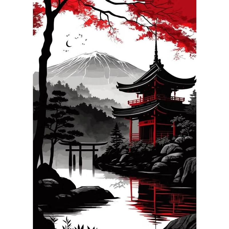 Leinwandmalerei Japanische Naturlandschaft Berg Tempel Leinwandposter Vintage Schwarz Rote Tuschekunst Wandkunst Drucke Heimdekor