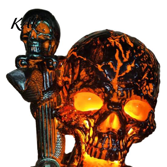 Handcrafted Resin Lamp Skull Table Lamp, Halloween Glowing Skeleton Figurine, Gothic Ambient Night Light for Mantel Shelf Party Home Decor