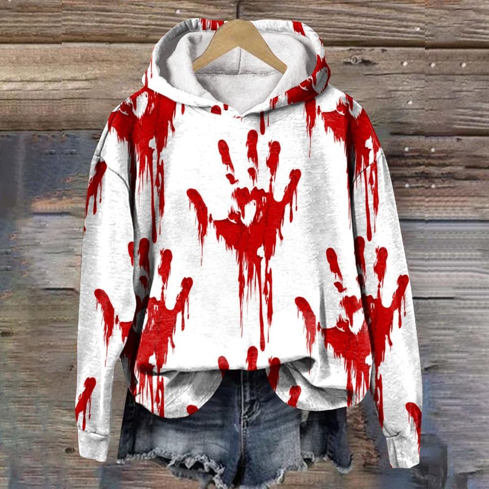 Halloween Women Blood Printing Sweatshirts Long Sleeve Casual Hoodies Drawstring Oversized Hooded Pullover Moletom Femininos