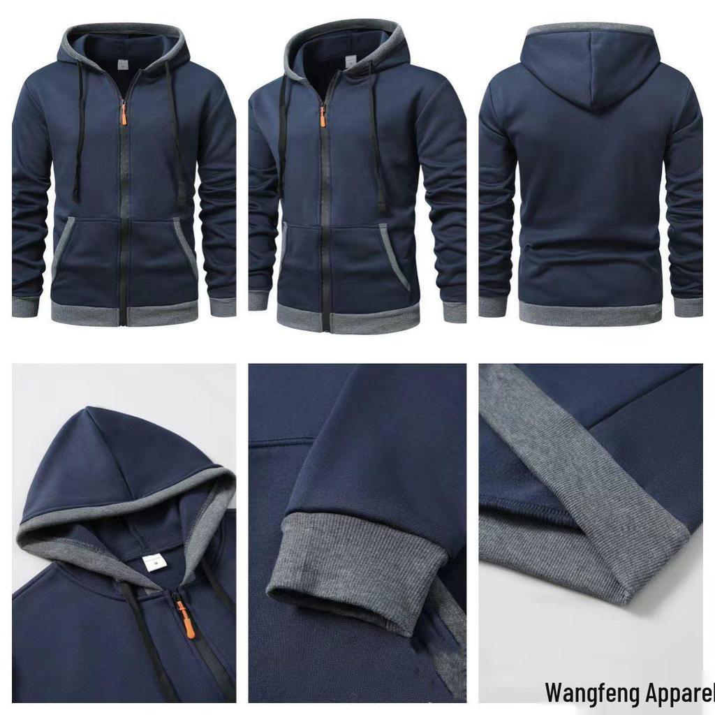 Men's Slim Fit Color Block Hooded Zip Sweatshirt Jacket for Spring/Autumn