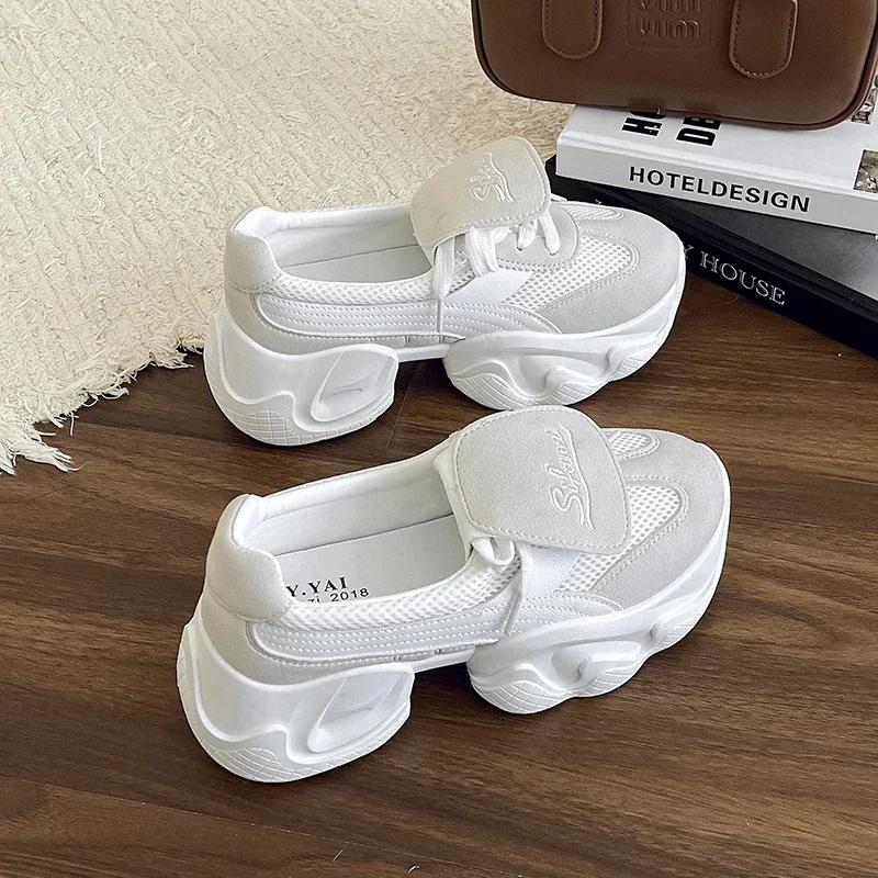 NEW Mid Heel Pumps Women's Mesh Shoes Comfy High Brand Genuine Leather Summer Lace Up Chunky Sneaker Casual Shoes