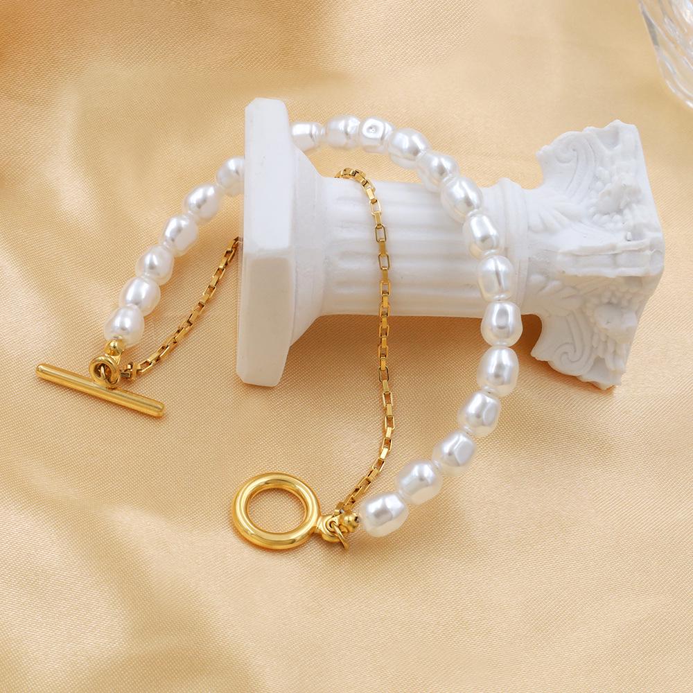 European & American Design Double-Layer OT Buckle Pearl Bracelet - Fashionable Titanium Steel Jewelry for Women