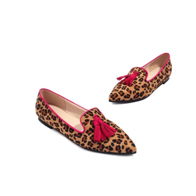 Seasonal new low-heeled pointed cow pattern fringed casual shoes