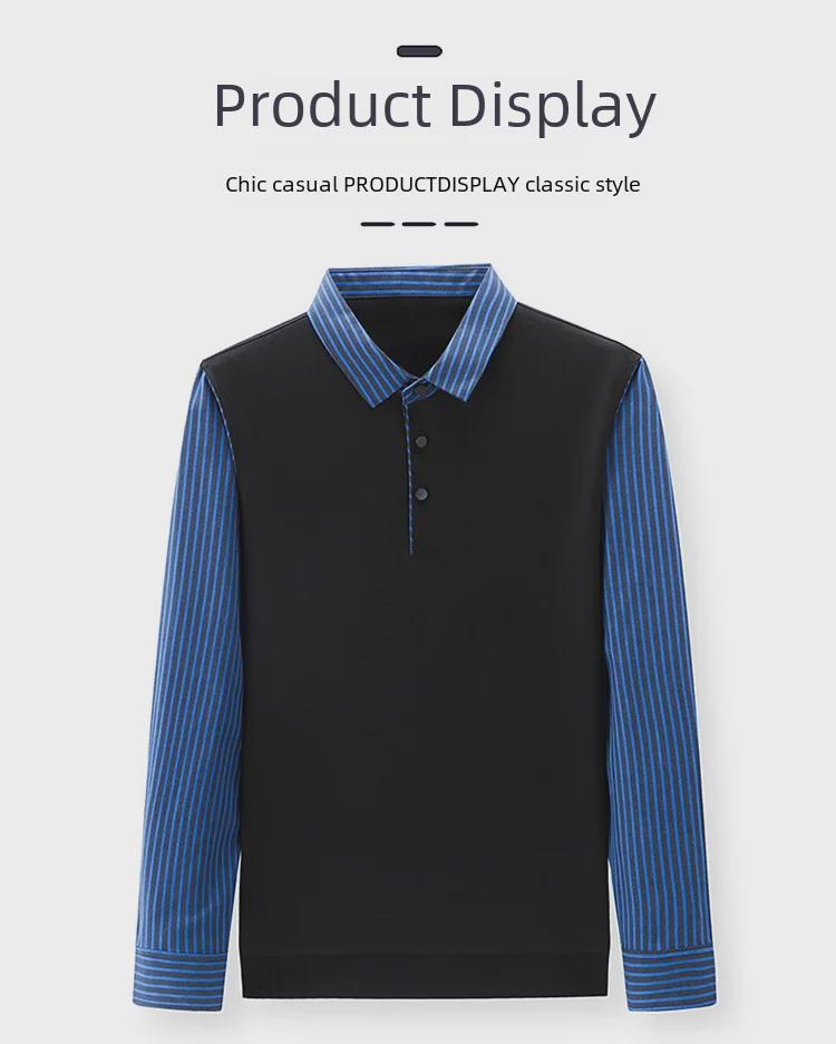 Pánská business košile s plyšovým límečkem, falešný dvoudílný střih s pruhovaným spodním dílem, ideální pro muže středního a mladšího věku.