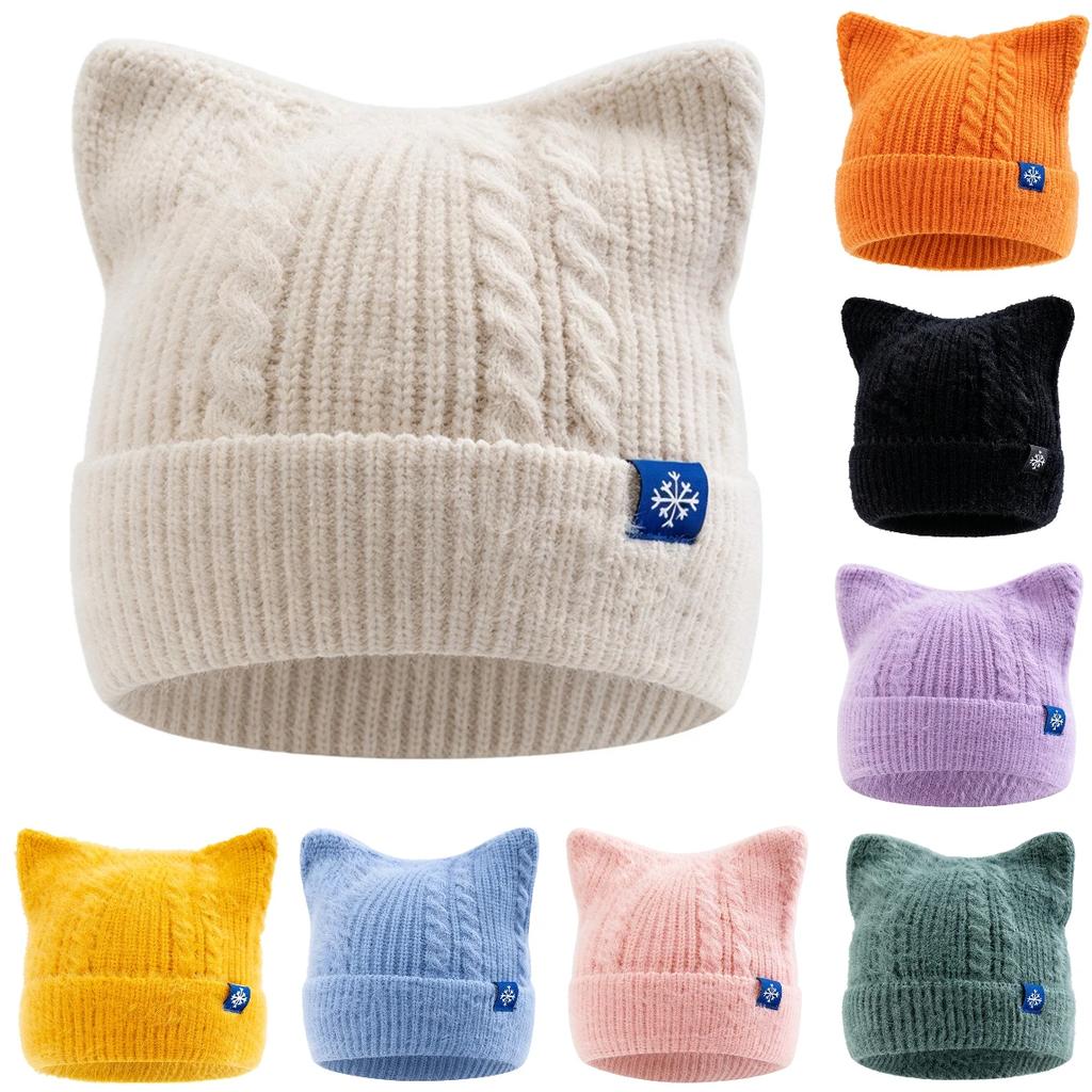 New Women And Girls Cat Ear Knit Beanie Hat, Cute Faux Fur Fluffy Candy‑Color Winter Hat, For Winter Daily Street Wear