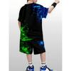 Boys' 3D Print Casual T-Shirt and Shorts Set - Black with Green Geometric Pattern, Short Sleeve