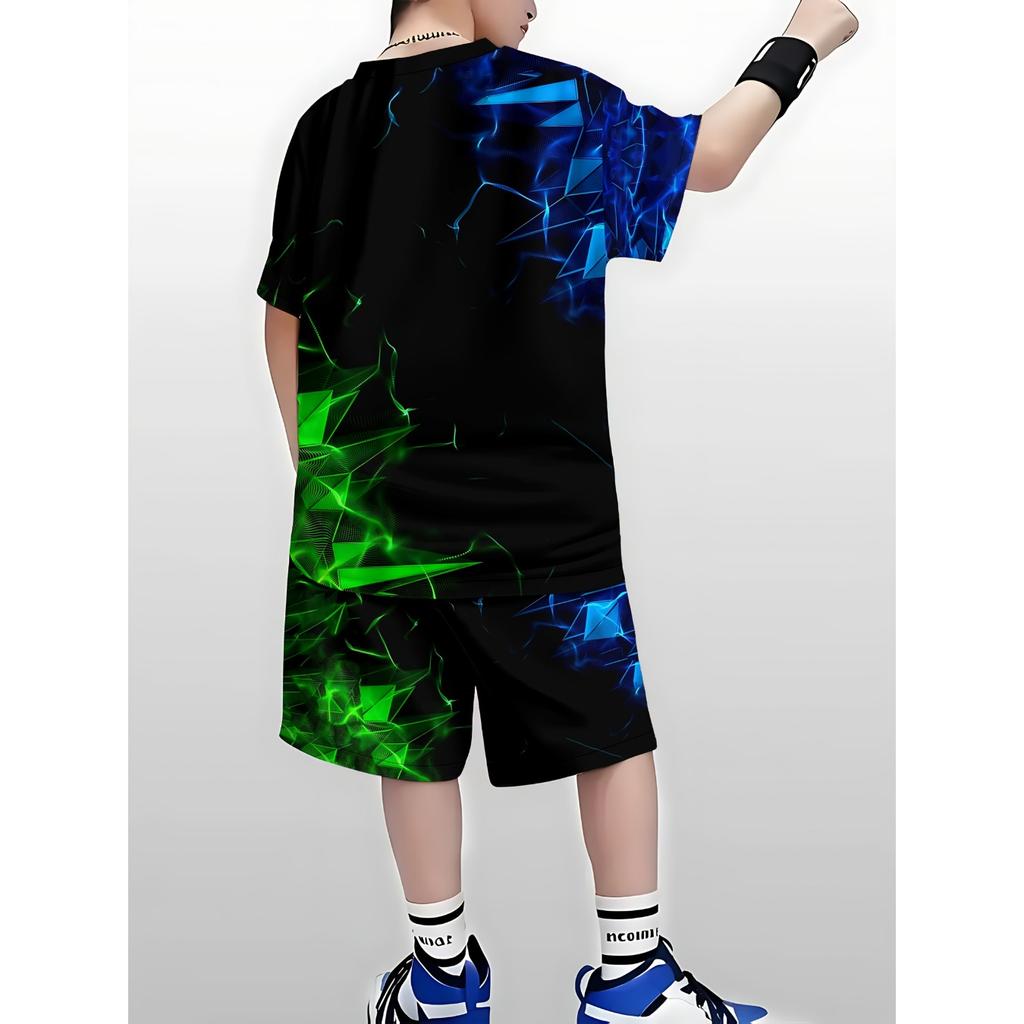 Boys' 3D Print Casual T-Shirt and Shorts Set - Black with Green Geometric Pattern, Short Sleeve