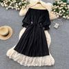 Sweet Women's Dress Slash Neck Long Lantern Sleeves Bandage Gathered Waist Spliced Lace Loose A-line Dresses