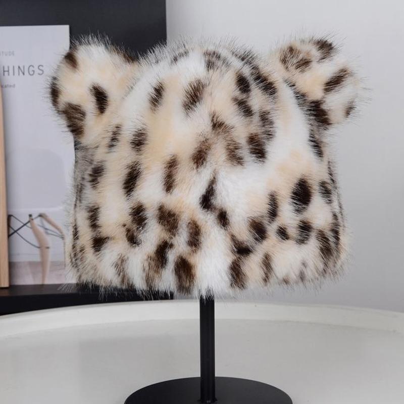 Pălărie de pescar cu imprimeu de leopard de pluș de toamnă și iarnă Pălărie de bazin cu găleată sub caldă, pălărie mică, pălărie pentru femei