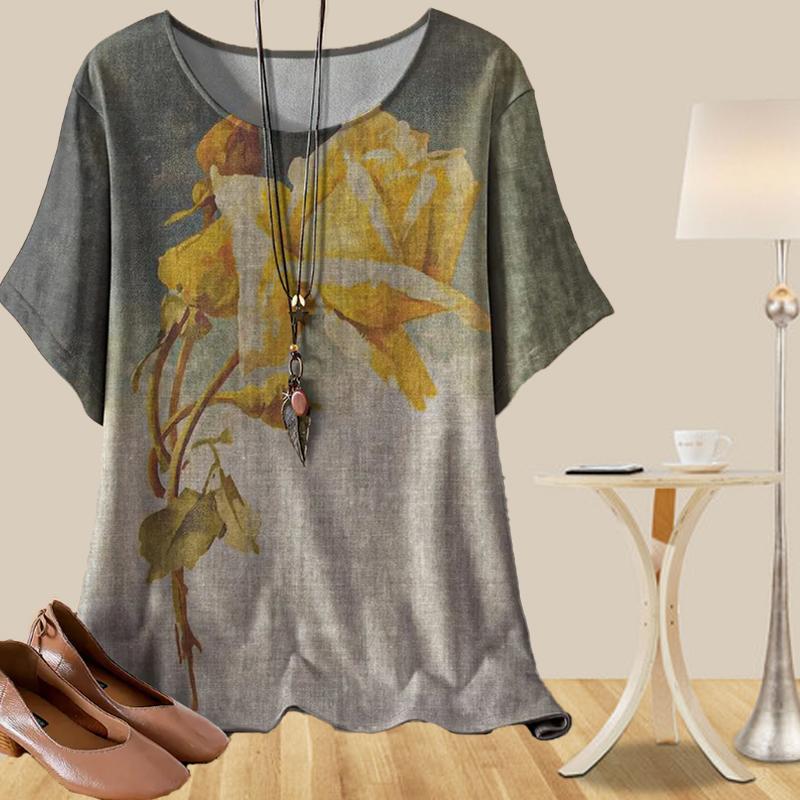 Women's Fashion Casual Loose Spring Shirt Women's Short Sleeve White Yellow Rose Plant Printed Tops