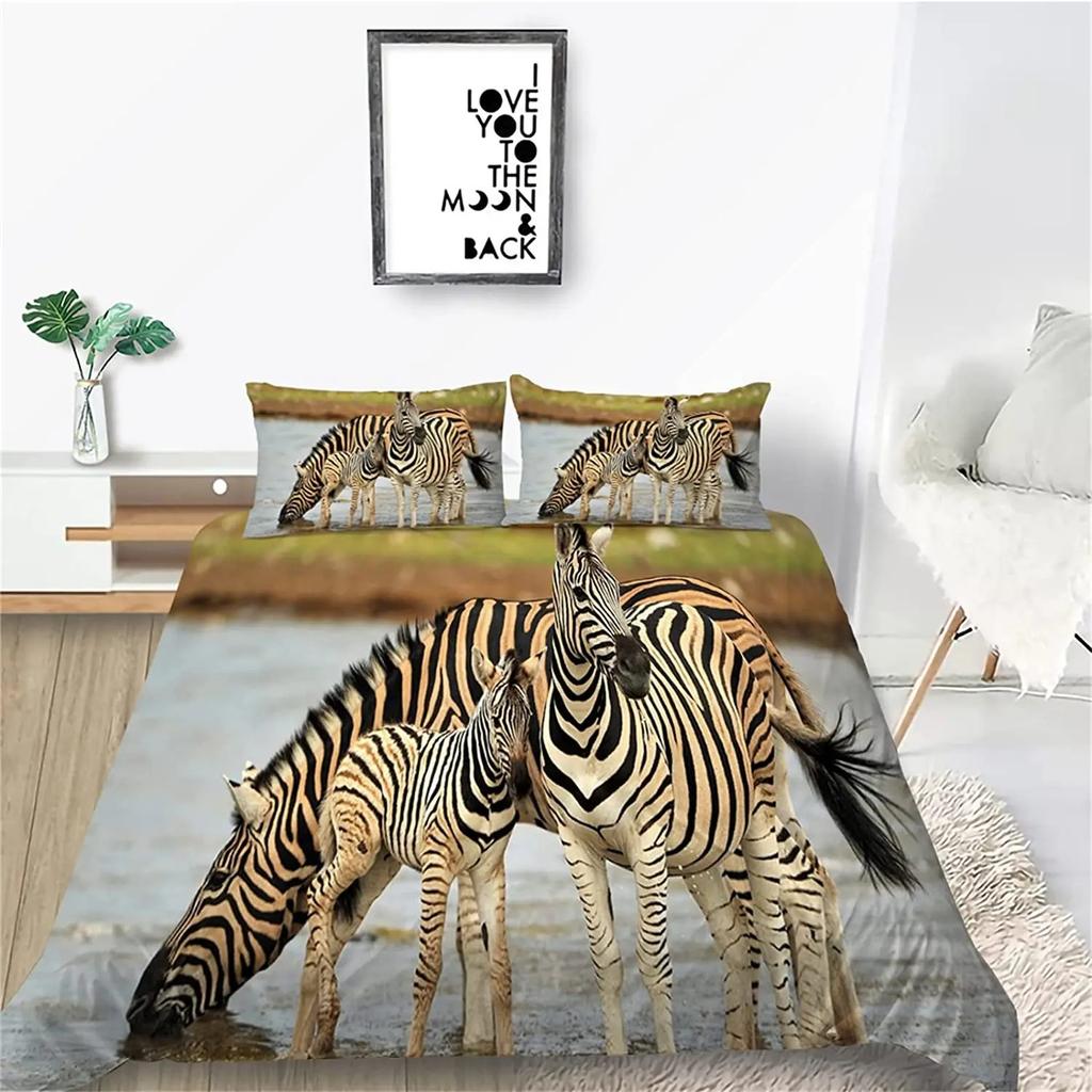 Zebra Duvet Cover Set King Queen Size Polyester Comforter Cover Black And White Stripe Wild Animals For Kids Teens Bedding Set
