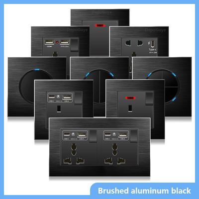 Black Universal USB Type-C 18W Fast Charge Wall Power Socket,UK 13A Electrical Outlet Wire-drawing Aluminum Light Switch Panel