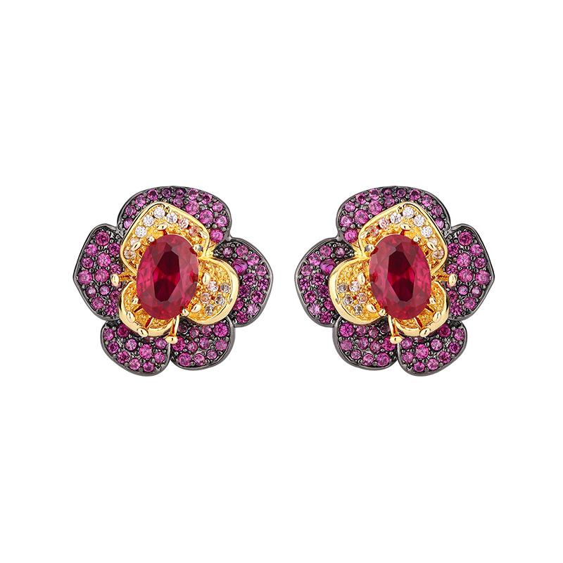 Schmuck Kupferboden Vergoldet Simulation Roter Korund Blume Schwarzgold Persönlichkeit Set 7 * 9-6 * 8