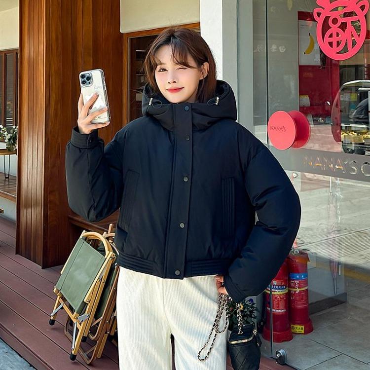 Women Autumn Winter Warm Thickened Cotton Padded Hooded Coat Solid Color Outwear Jacket