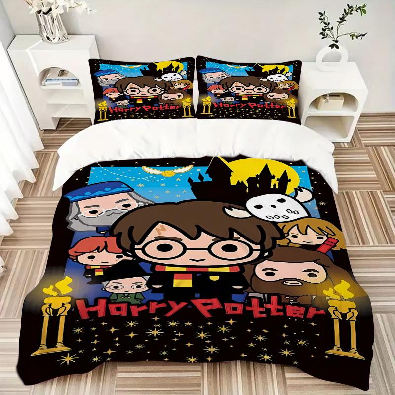 3pcs Magical Night Harry Potter Adventure Bedding Set - Includes Quilt Cover and Pillowcases, Suitable for All Seasons, Machine Washable - I