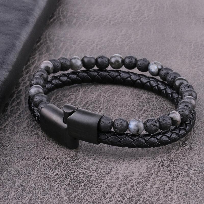 Men's Black Braided Leather Bracelet with Natural Stone and Volcanic Lava