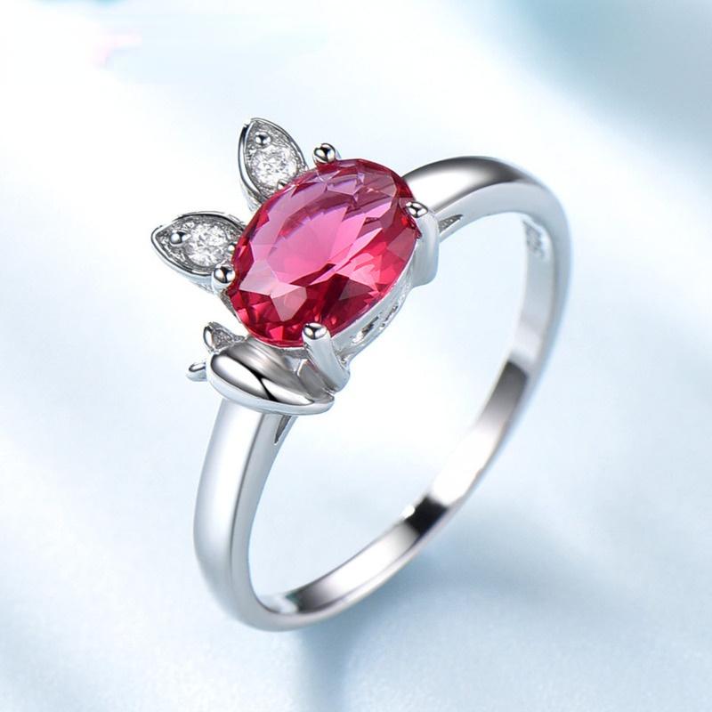 Gica Gema Created Ruby Genuine 925 Sterling Silver Ring For Women Red Gemstone Engagement Vintage Wedding Bands Cute Rabbit Jewelry