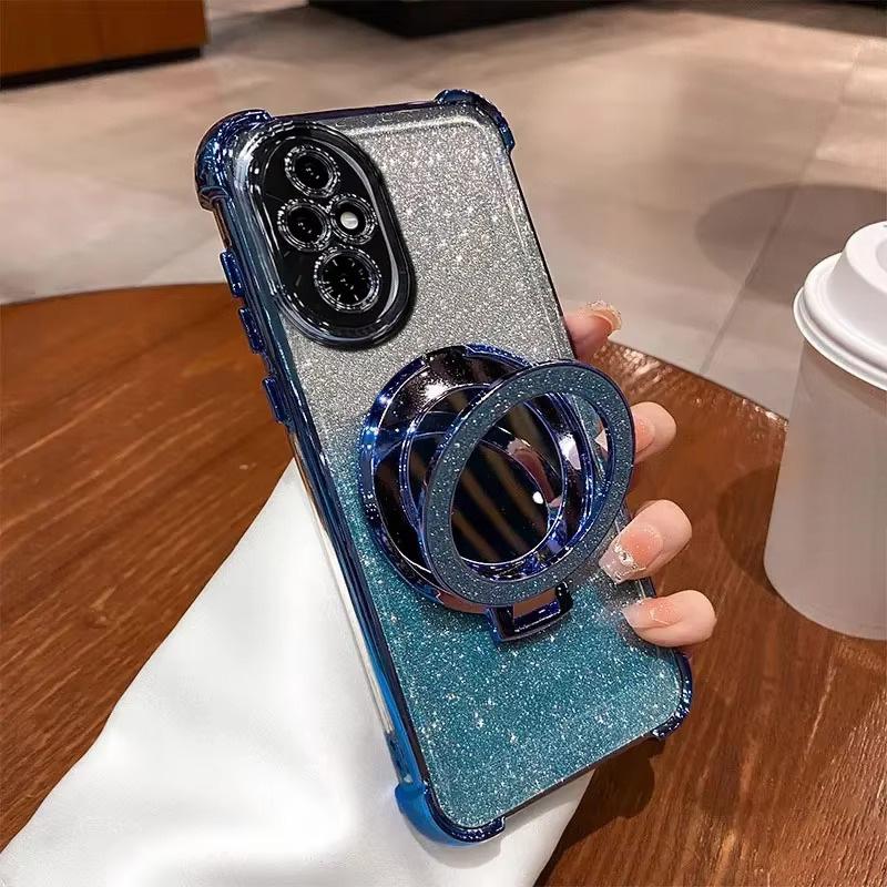 Luxury Mirror Holder Bling Glitter Silicone Phone Case for iPhone 16e 16 15 14 Pro Max Redmi Note 13 12 Pro Samsung S25 S24 Plus A05 A06 A14 A15 A16