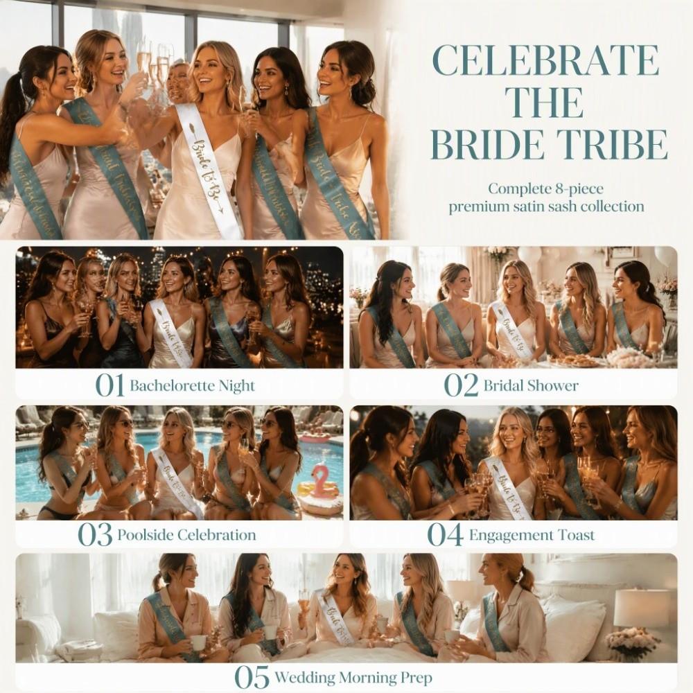 8Pcs Gold Letters Bridesmaid Sash Polyester Satin Bride To Be Sash Premium Sash Set Wedding Parties