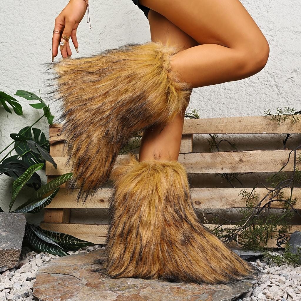 Fashion Faux Fur Boots Women Winter Snow Boots Luxury Fluffy Fuzzy Short Botas Warm Cozy Mid-Calf Botas Mujer Cross Belt Buckle PlusSize