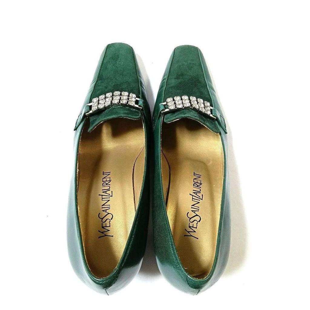 Used Yves Saint Laurent Pumps Green Suede Enamel Bijou 36 (23cm) Heel 6cm