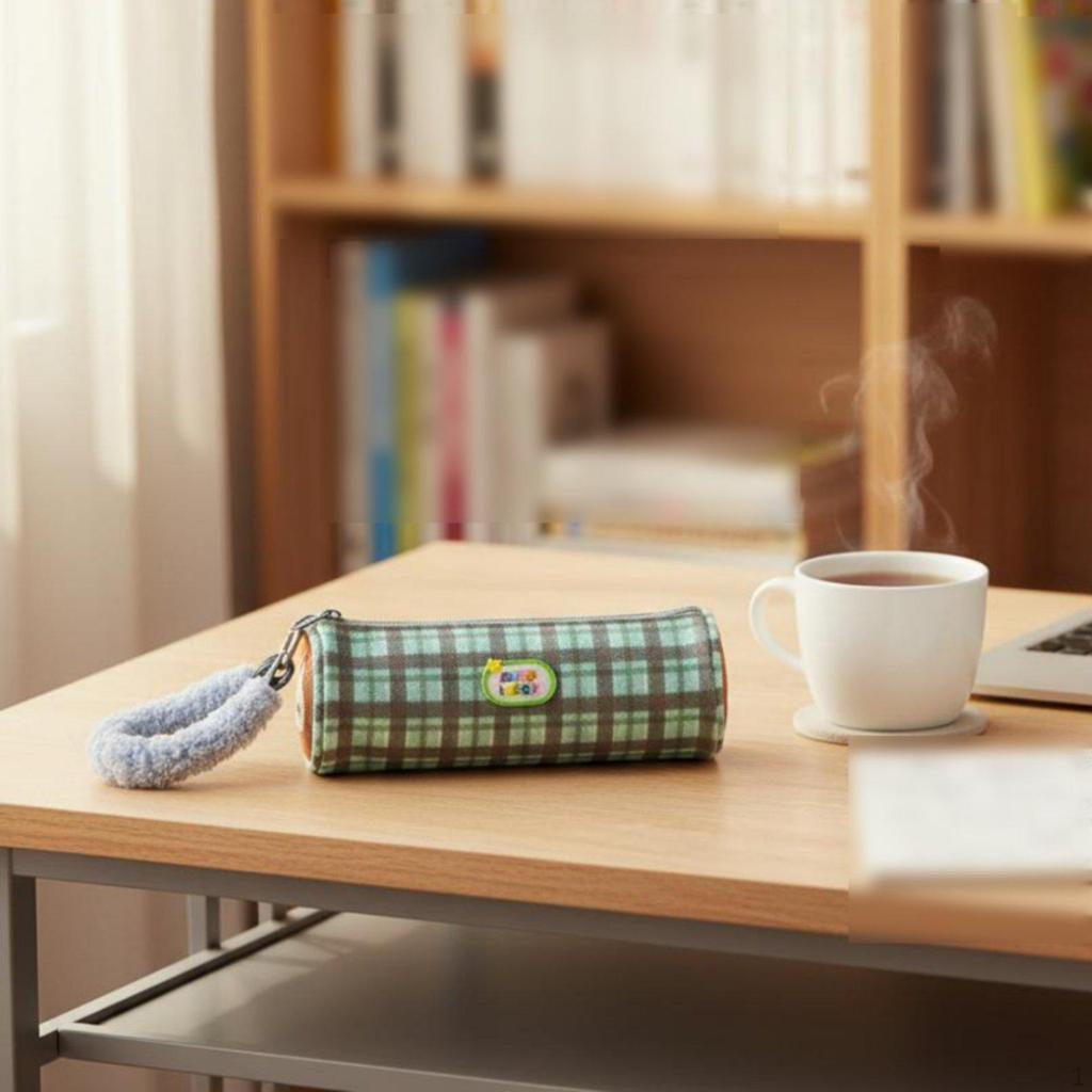 Soft Pen Case Portable Handle Checkered Round Pencil Pouch Easy To Clean Cylinder
