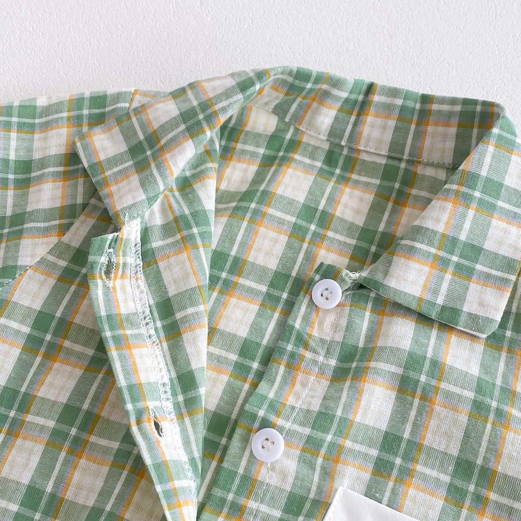 Summer Boys Plaid Short Sleeve Romper - Stylish Korean Style Crawling Suit for Infants