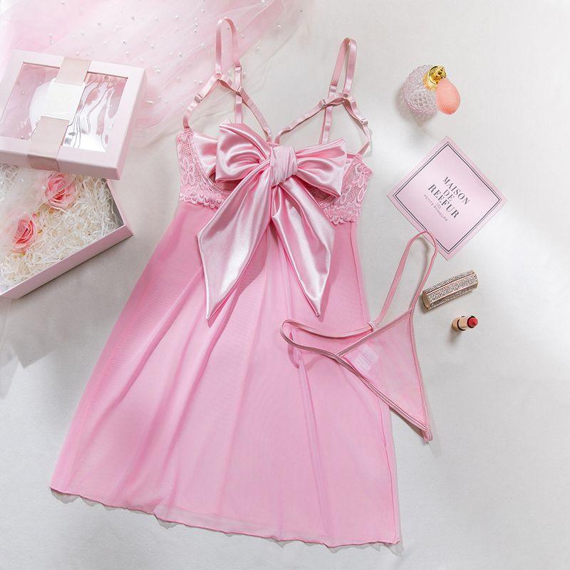 

Outfitgirl Red Hot Sexy Sexy Bow Perspective Low-Cut Flirting Passion Seduction Lace Nightdress Pink L