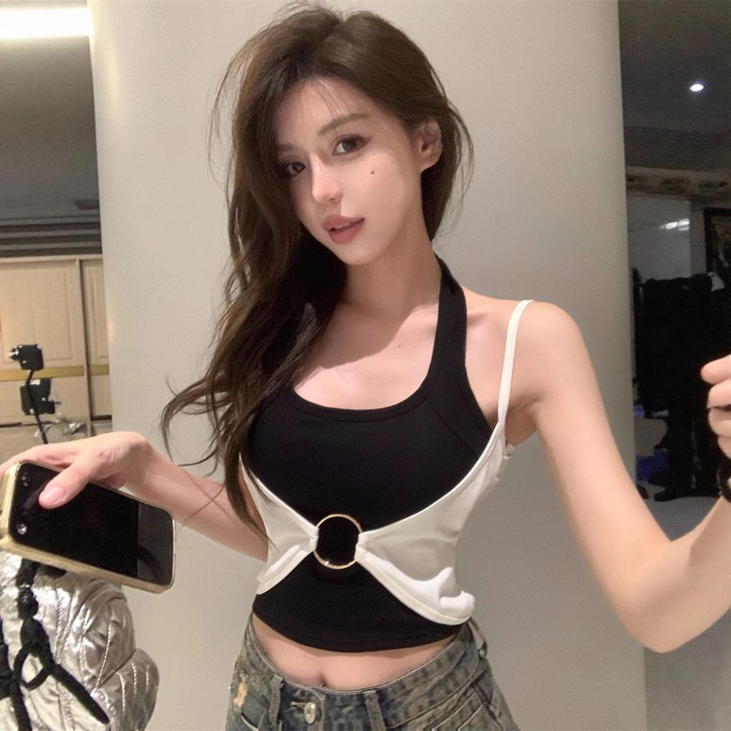 Black and White Contrasting Colors Fake Two-piece Neck Sling Vest Women's Summer Sleeveless Chest Pad Inner and Outer Top