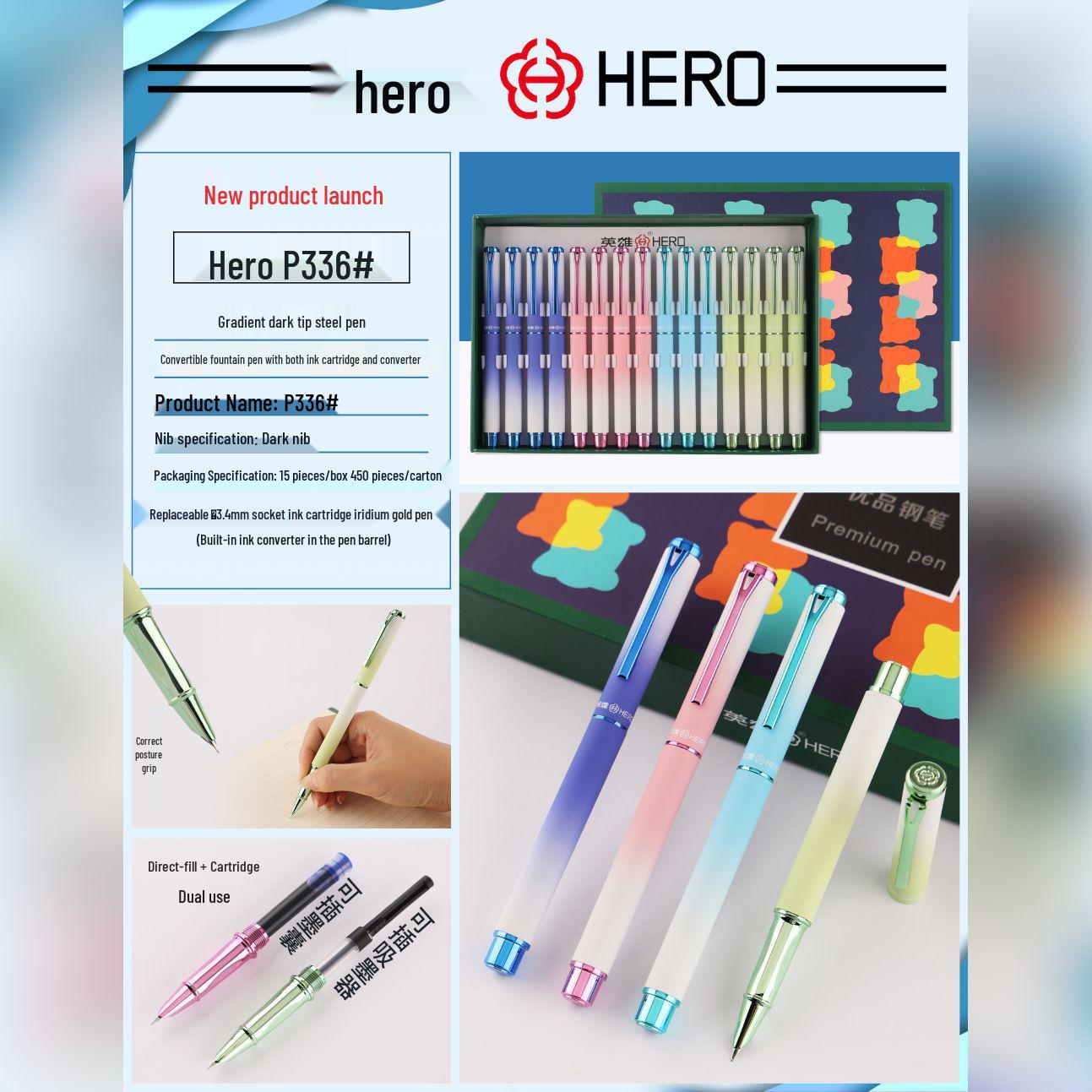 

Hero Cartoon Pen 9388: Writing Practice Pen with Dark & Bright Nibs, Ink Cartridge for Third Graders Random Color (Note specific color for retail)