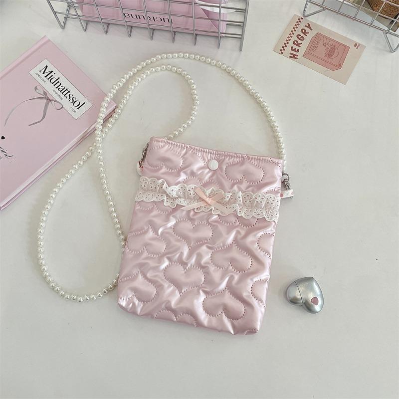 Pu Bow Padded Cotton Messenger Small Bag Mobile Phone Bag Pearl Chain Bag Portable Mini Cosmetic Bag