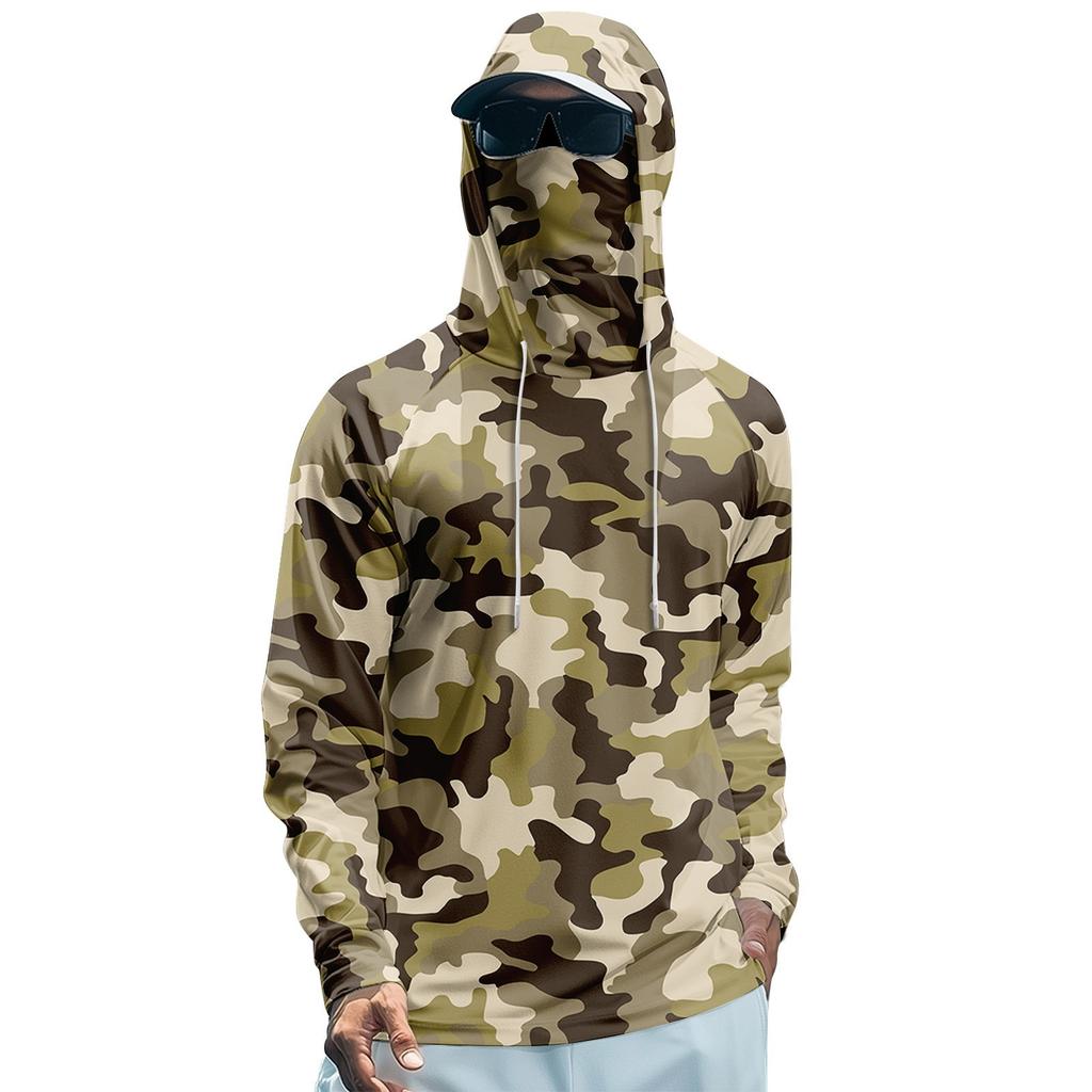 Men's Summer Camouflage Quick-drying Long-sleeved T-shirt Sun Clothing Fishing Fitness Sports Hooded Long-sleeved Top