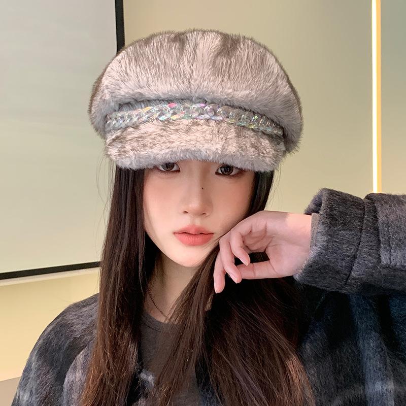 Hat Women's Autumn and Winter Imitation Mink Hair Color Chain Beret Plus Velvet Thickened Windproof and Warm Hat Art Retro Octagonal Hat