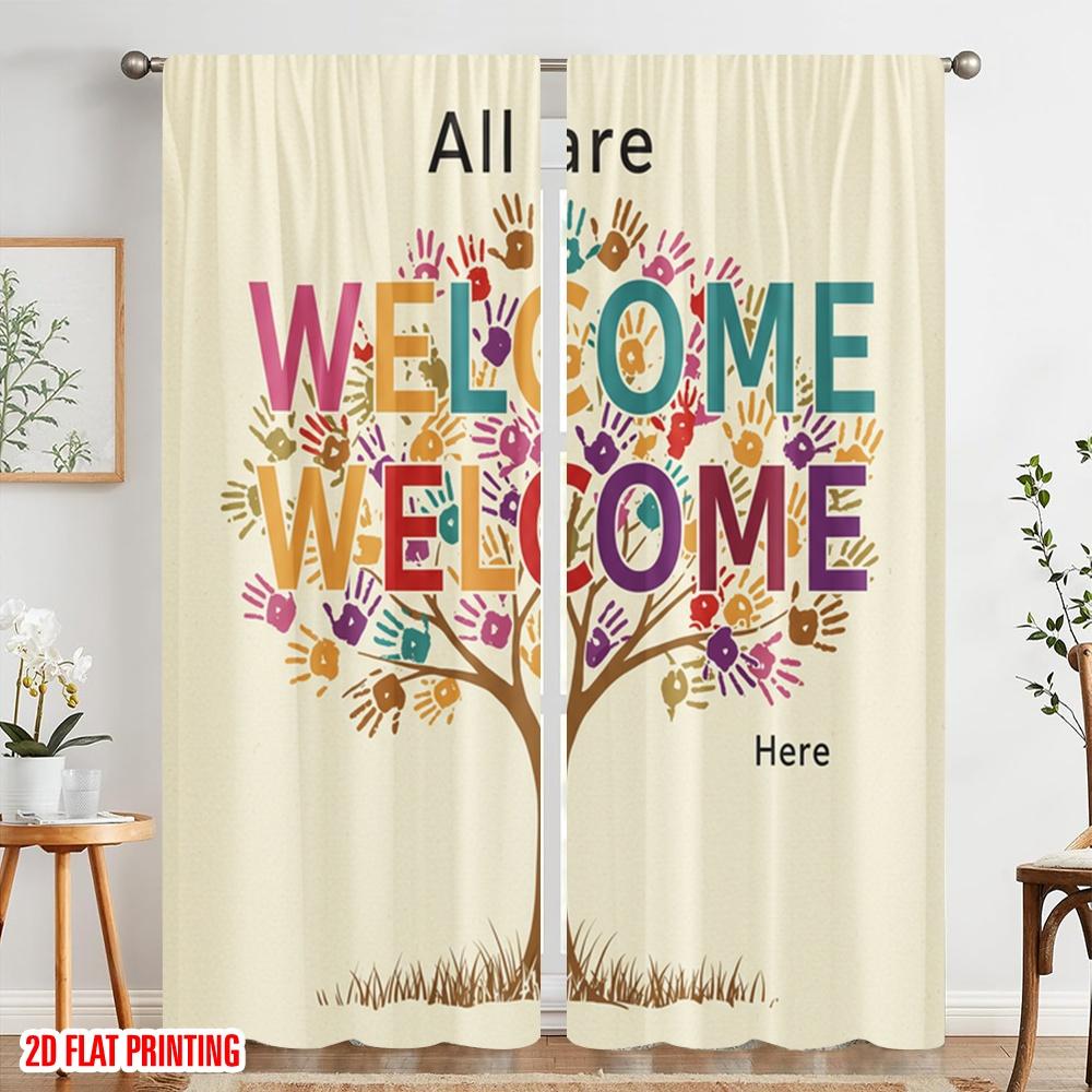 2pcs 2D flat printing Curtain Diversity Tree of Hands Polyester Without Electricity Birthday Party Perfect for Booths Studio